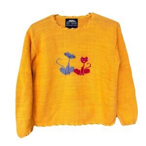 Vintage 90s Rey Wear Handknit Yellow Sweater Cat Small 100% Cotton